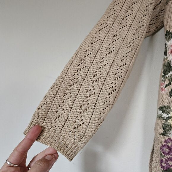 Vtg Jantzen Floral Cardigan Womens L Beige Embroidered Pointelle Cottagecore Gma - Picture 3 of 11